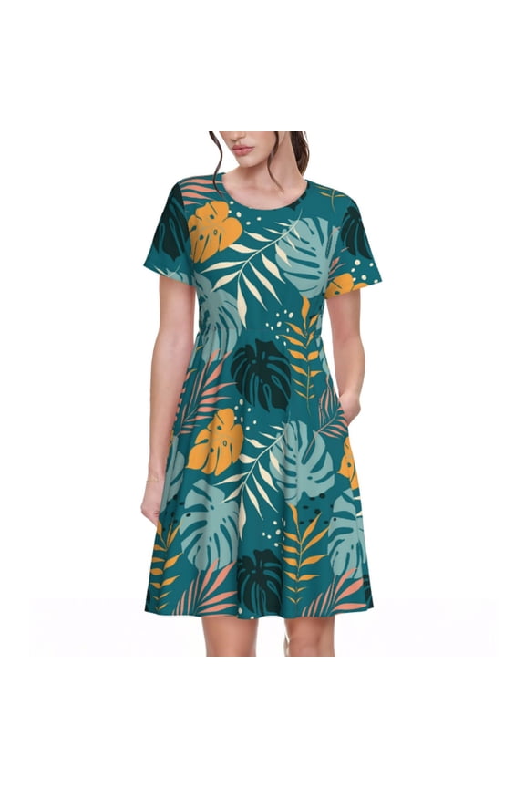 Tropical Leaves Print Womens Summer Dress,Casual Short Sleeve Sundresses,Beach A-line Shift Dress with Pockets
