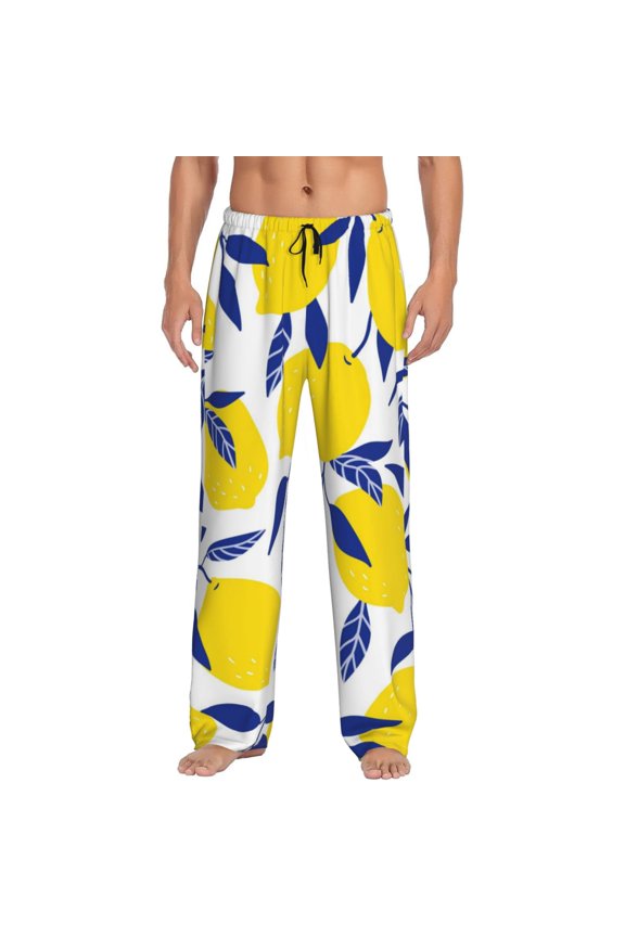 Tropical Lemon Print Pajama Pants for Men,Men’s Pajama Bottoms,Mens PJ Pants with Pockets & Button Fly-Large