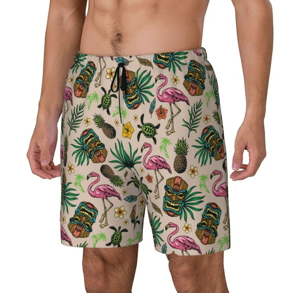 Logiee Tropical Mask Flamingo Print Men's Swim Trunk,Quick Dry Board Shorts ,Men's Swim Trunks with Compression Liner, Bathing Suits with Pockets-Small