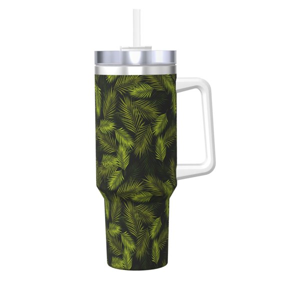 Logiee Tropical Palm Leaves Fern Leaf Print 40OZ Ice Bully Cup with Handle and Straw, Double Wall Stainless Steel Tumbler,Travel Coffee Cup with Lid, Summer Insulation and Cooling Cup