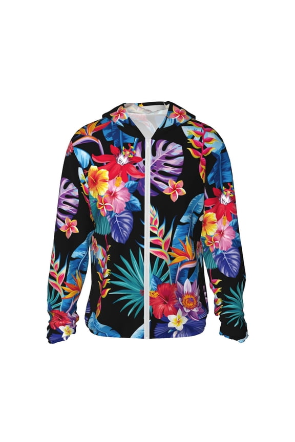 Tropical Palm Leaves Print Men's Women Light Jacket Full Zip Sun Protection Hoodie Long Sleeve Sun Shirts for Men Hiking Fishing Zip Pockets-