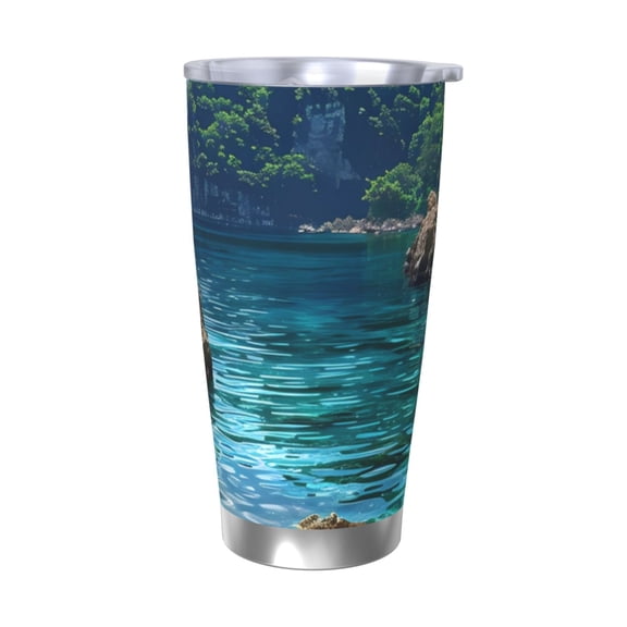 Logiee Tropical Paradise Window View Print 20OZ Car Cup with Lid, Stainless Steel Vacuum Insulated Double Wall Travel Tumbler, Durable Insulated Coffee Mug,Thermal Cup with Straw-Without Straw