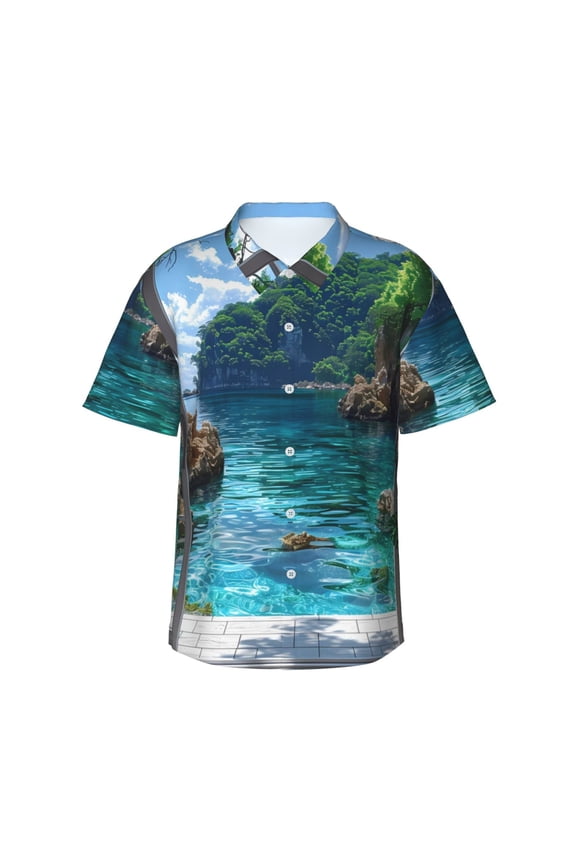 Tropical Paradise Window View Print Mens Hawaiian Shirts,Loose-Fit Short Sleeve Button Down Tropical Aloha Beach Shirt,Summer Vacation Wedding Tops,Large