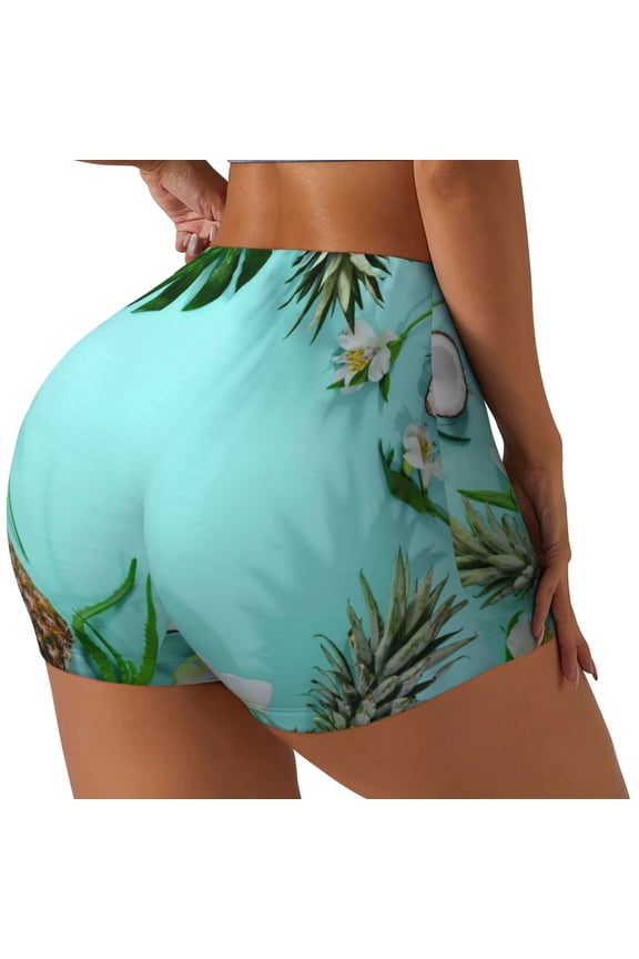 Tropical Pineapple Print Women's Biker Shorts,Workout Gym Shorts,Scrunch Shorts,Tummy Control Hidden Scrunch Running Yoga Shorts-Large