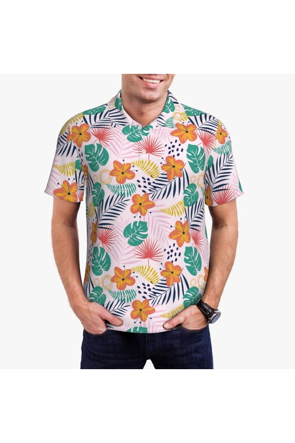 Tropical Plants Print Mens Polo Shirts,Mens Golf Polo Shirts,Short Sleeve Casual Polo Shirts for Men,Summer Fashion Beach Shirts-Medium