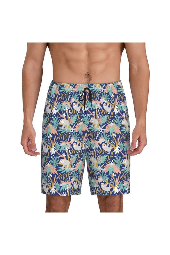 Tropical Sloth Print Men's Pajama Shorts with Drawstring & Pockets,Sleep Shorts for Men,Sleepwear Bottoms,Elastic Waistband Loungewear-Medium