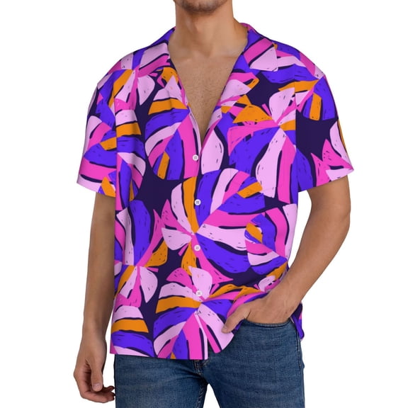 Logiee Tropics Leaf Print Men's Button Down Shirts Short Sleeve, Summer Beach Shirts,Vacation Wedding Shirts,Men's Casual Button-Down Shirts with Pocket-4X-Large