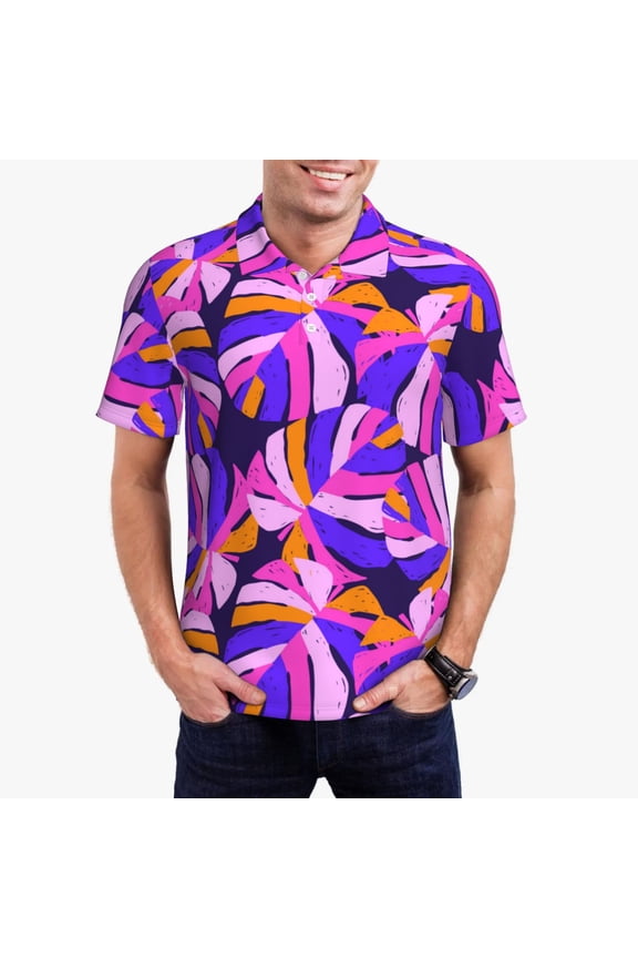 Tropics Leaf Print Mens Polo Shirts,Mens Golf Polo Shirts,Short Sleeve Casual Polo Shirts for Men,Summer Fashion Beach Shirts-Small