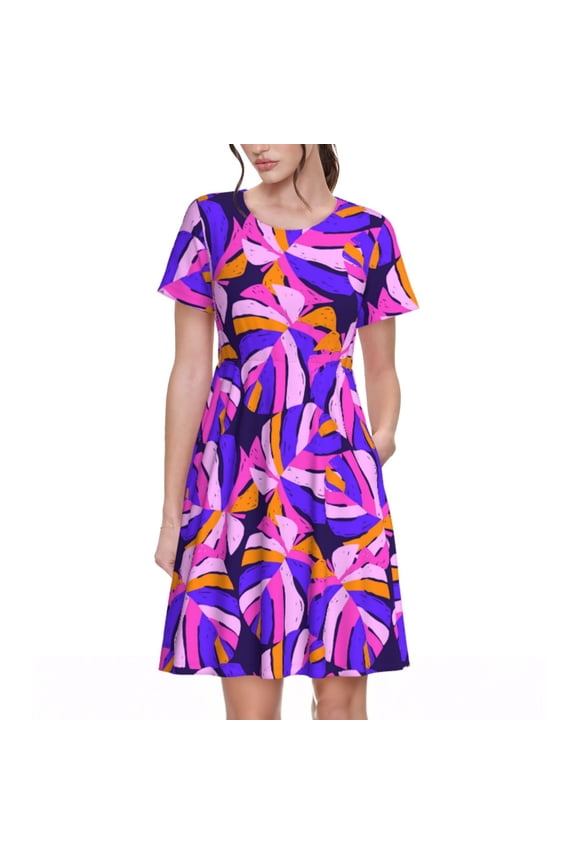 Tropics Leaf Print Womens Summer Dress,Casual Short Sleeve Sundresses,Beach A-line Shift Dress with Pockets