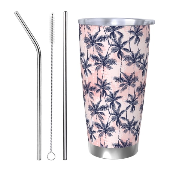 Logiee Tropics Palm Trees Print 20OZ Car Cup with Lid, Stainless Steel Vacuum Insulated Double Wall Travel Tumbler, Durable Insulated Coffee Mug,Thermal Cup with Straw-Straw Three-piece Set