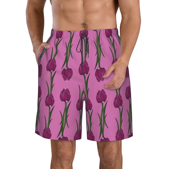 Logiee Tulips Flowers Print Mens Swim Trunks Quick Dry Board Shorts,Breathable Hawaii Beach Shorts Swimwear Bathing Suits-Large