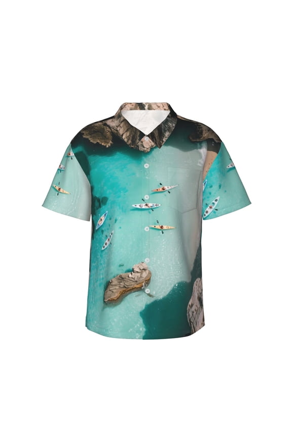 Turquoise Beach Kayaking Print Mens Hawaiian Shirts,Loose-Fit Short Sleeve Button Down Tropical Aloha Beach Shirt,Summer Vacation Wedding Tops,Large