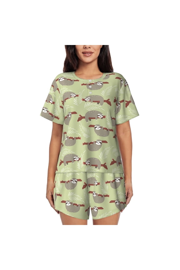 Twig Sloth Print Womens Pajamas Set,Short-Sleeve Pajama 2 Piece Sleepwear with Pockets-Large
