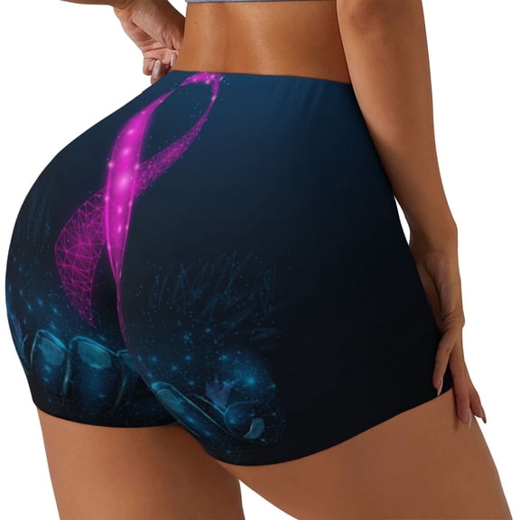 Logiee Two Human Hands are Holds Ribbon Awareness Print Women's Biker Shorts,Workout Gym Shorts,Scrunch Shorts,Tummy Control Hidden Scrunch Running Yoga Shorts-Medium