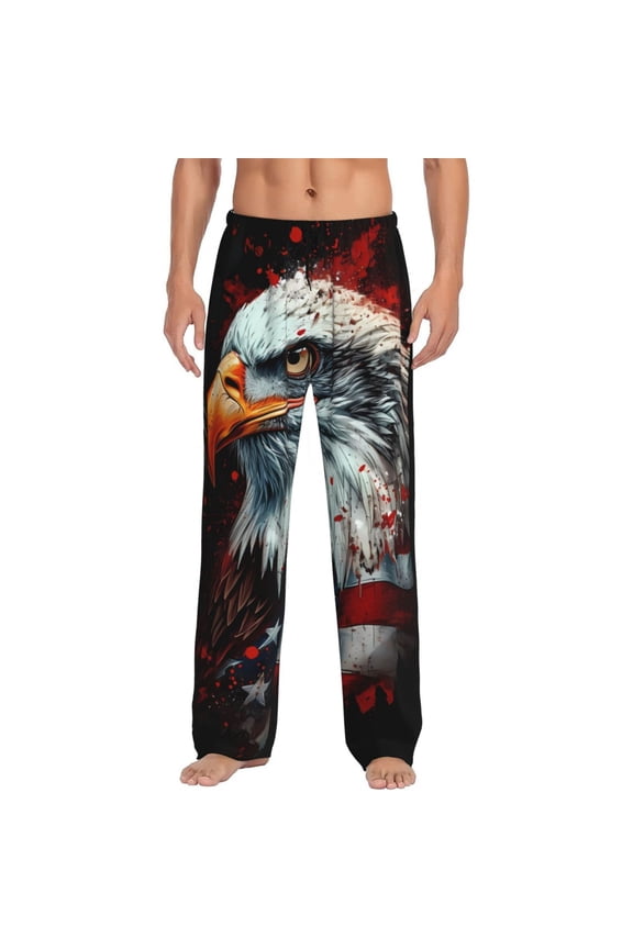 USA Bald Eagle Print Pajama Pants for Men,Men’s Pajama Bottoms,Mens PJ Pants with Pockets & Button Fly-Large