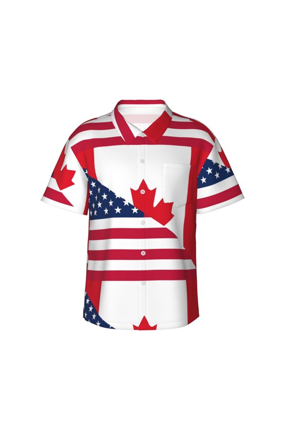 USA Canada Flag Print Mens Hawaiian Shirts,Loose-Fit Short Sleeve Button Down Tropical Aloha Beach Shirt,Summer Vacation Wedding Tops,Large
