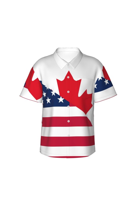 USA Canada Flag Print Mens Hawaiian Shirts,Loose-Fit Short Sleeve Button Down Tropical Aloha Beach Shirt,Summer Vacation Wedding Tops,X-Large