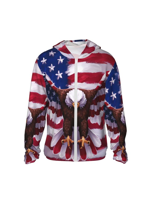 USA Eagle with Spread Wings Print Men's Women Light Jacket Full Zip Sun Protection Hoodie Long Sleeve Sun Shirts for Men Hiking Fishing Zip Pockets-Large