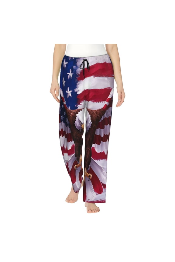 USA Eagle with Spread Wings Print Women Pajama Pants,Comfy Pj Bottom with Pockets & Drawstring,Stretch Casual Sleepwear-Large