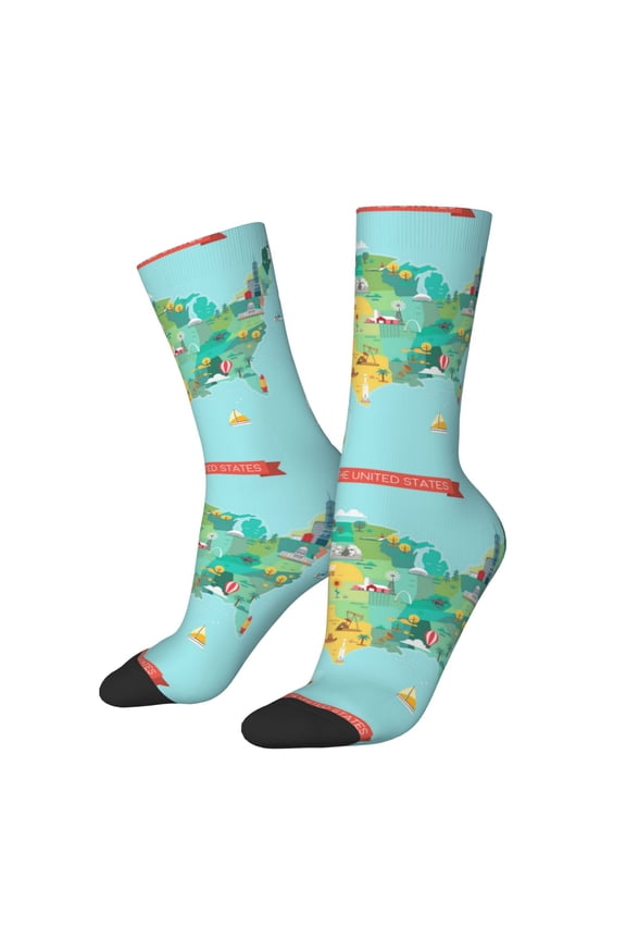 USA Tourist Map Print Adult Socks for Men & Women,Calf Socks, Ankle Socks,Boots Socks,Breathable Casual Sock,Unisex Crew Socks