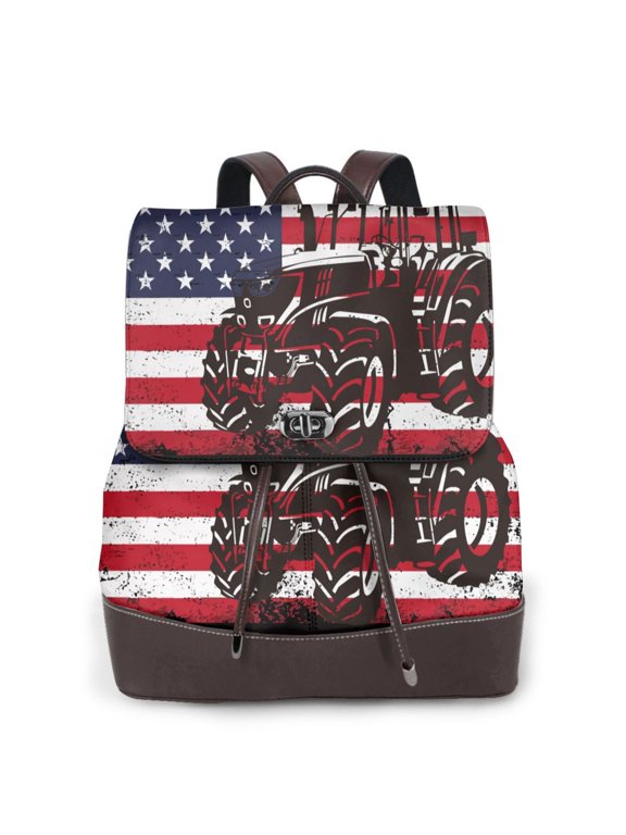 Logiee USA Vintage Flag Tractor Print Backpack Purse for Women,Fashion Leather Backpack Purse,Women's Leather Backpack for Work College Travel