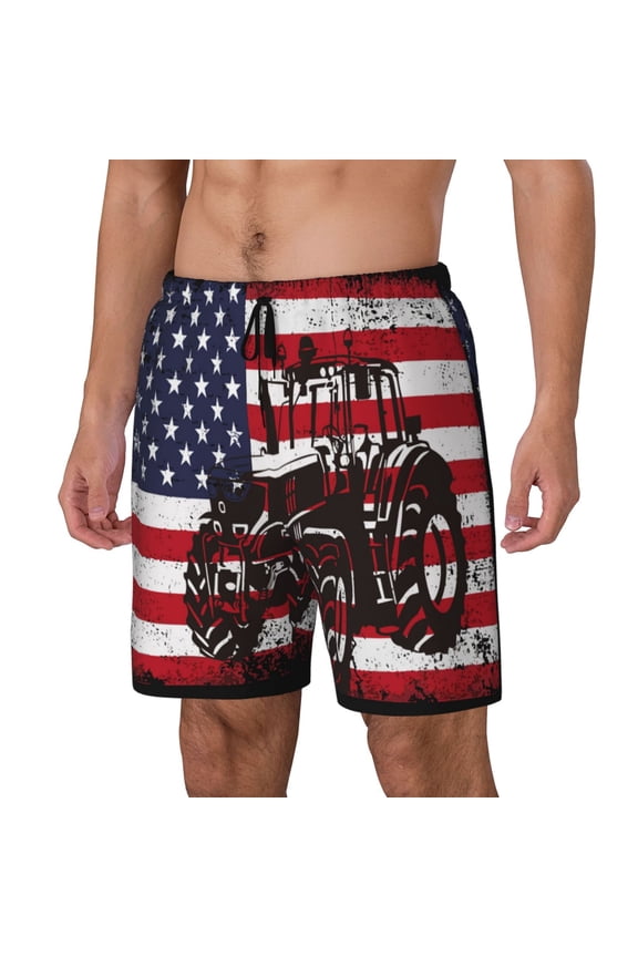 USA Vintage Flag Tractor Print Men's Swim Trunk,Quick Dry Board Shorts ,Men's Swim Trunks with Compression Liner, Bathing Suits with Pockets-X-Large