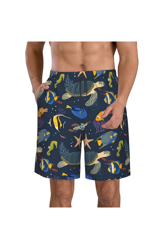 Undersea Animals Print Mens Swim Trunks Quick Dry Board Shorts,Breathable Hawaii Beach Shorts Swimwear Bathing Suits-3X-Large