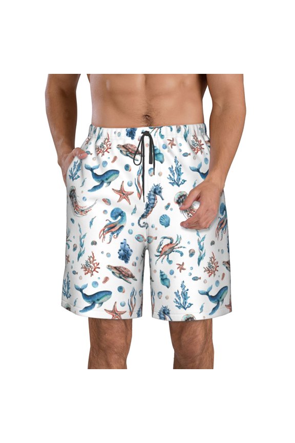 Undersea Animals Print Mens Swim Trunks Quick Dry Board Shorts,Breathable Hawaii Beach Shorts Swimwear Bathing Suits-Large