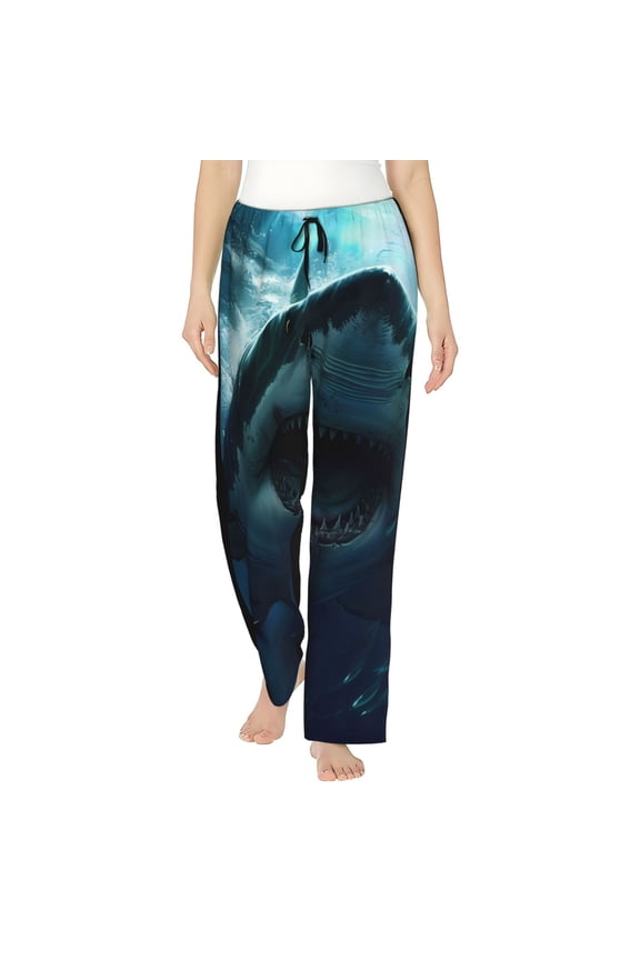 Undersea Shark Print Women Pajama Pants,Comfy Pj Bottom with Pockets & Drawstring,Stretch Casual Sleepwear-Medium