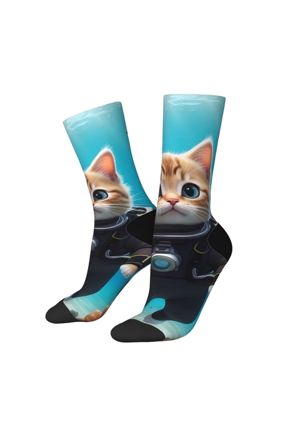 Underwater Diving Cat Print Adult Socks for Men & Women,Calf Socks, Ankle Socks,Boots Socks,Breathable Casual Sock,Unisex Crew Socks