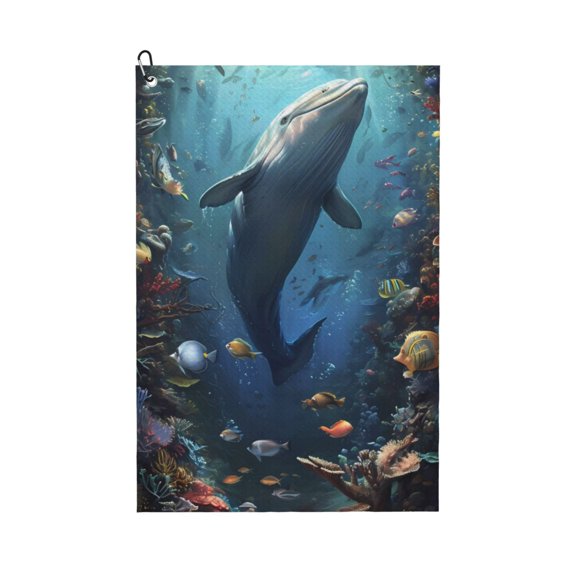 Logiee Underwater Dolphin Print Golf Towels,16" x 24" Portable Golf Towel for Golf Bag with Carabiner Clip to Quickly Remove Sand,Mud and Sweat