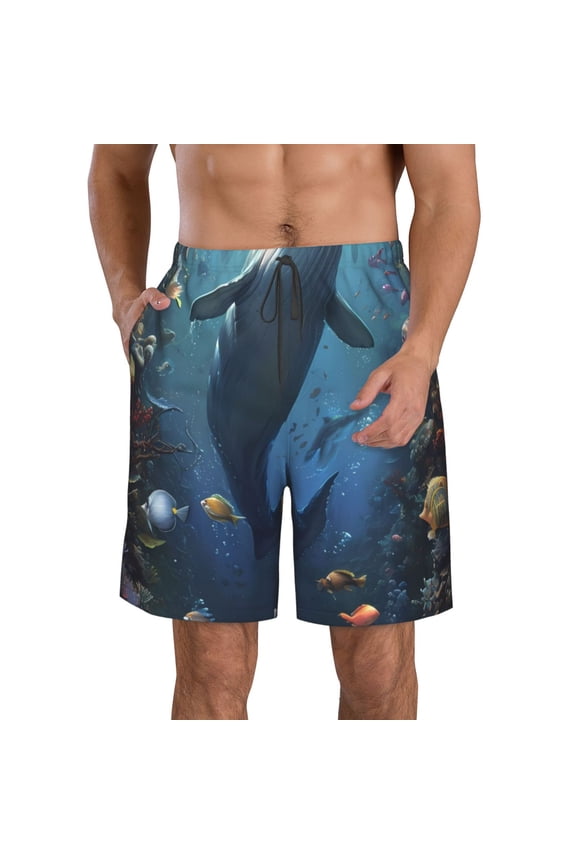 Underwater Dolphin Print Mens Swim Trunks Quick Dry Board Shorts,Breathable Hawaii Beach Shorts Swimwear Bathing Suits-Medium