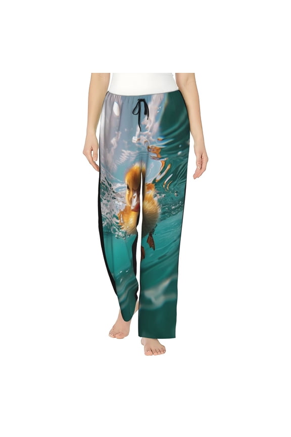 Underwater Swimming Duck Print Women Pajama Pants,Comfy Pj Bottom with Pockets & Drawstring,Stretch Casual Sleepwear-Small