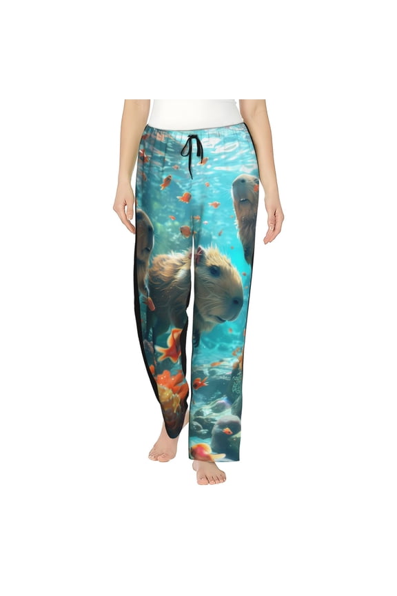 Underwater Swimming Guinea Pig Print Women Pajama Pants,Comfy Pj Bottom with Pockets & Drawstring,Stretch Casual Sleepwear-Small