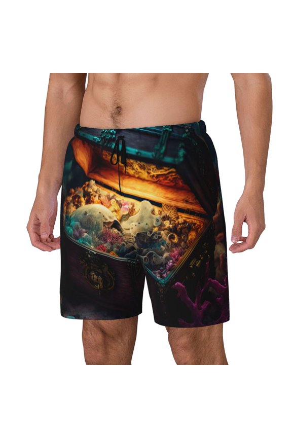 Underwater Treasure Chest Print Men's Swim Trunk,Quick Dry Board Shorts ,Men's Swim Trunks with Compression Liner, Bathing Suits with Pockets-Medium