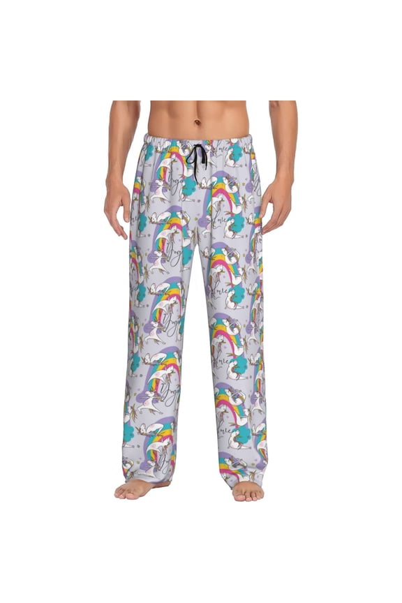 Unicorn DoingYoga Print Pajama Pants for Men,Men’s Pajama Bottoms,Mens PJ Pants with Pockets & Button Fly-XX-Large