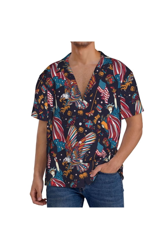 United States Of America Print Men's Button Down Shirts Short Sleeve, Summer Beach Shirts,Vacation Wedding Shirts,Men's Casual Button-Down Shirts with Pocket-XX-Large