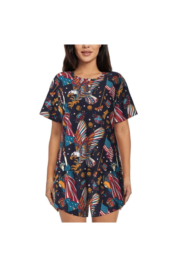 United States Of America Print Womens Pajamas Set,Short-Sleeve Pajama 2 Piece Sleepwear with Pockets-Large