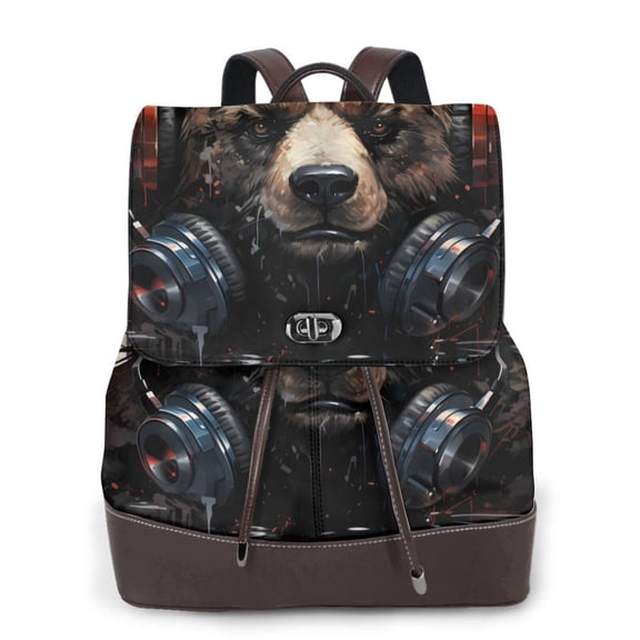 Gaeub Urban Bear With Headphones Print Women's Leather Backpack,Travel Laptop Backpack,Fashion Ladies Leather Backpack Bag for Travel,Leather Drawstring Daypack for Me