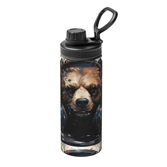 Logiee Urban Bear With Headphones Print Water Bottle,18oz Sports Insulated Kettle for Cycling Gym Basketball Outdoor, Suitable as a Present