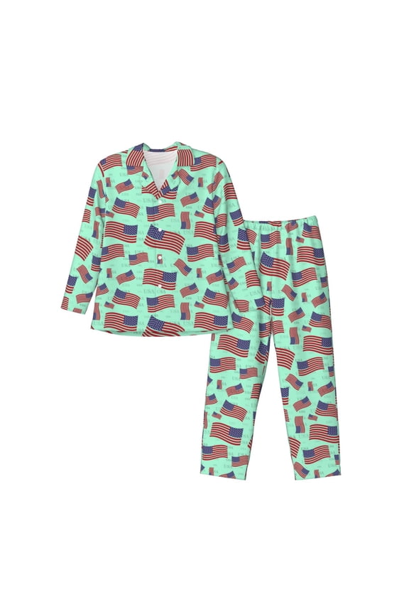 Usa Flag Print Mens Long Sleeve Pajama Set,Notched Collar Pajamas for Men, Men's Sleepwear,Mens Sleepwear with Pockets & Button Down-Large