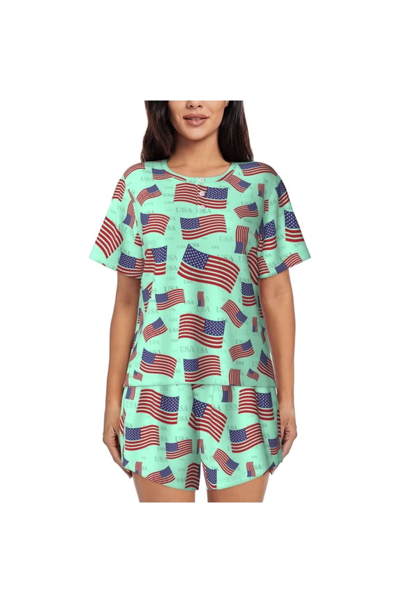 Usa Flag Print Womens Pajamas Set,Short-Sleeve Pajama 2 Piece Sleepwear with Pockets-Large