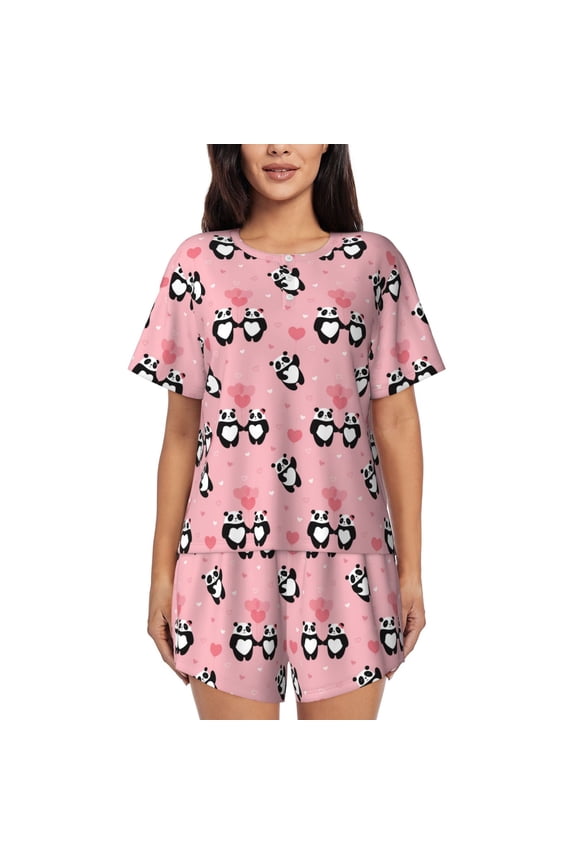 Valentine'S Day Panda Print Womens Pajamas Set,Short-Sleeve Pajama 2 Piece Sleepwear with Pockets-Large