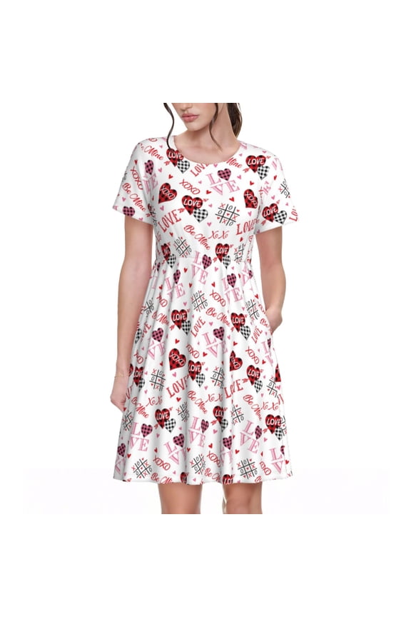 Valentine's Day Print Womens Summer Dress,Casual Short Sleeve Sundresses,Beach A-line Shift Dress with Pockets