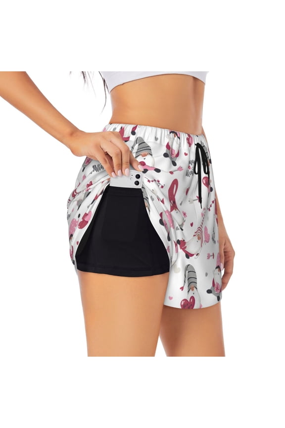 Valentine's Day gnomes Print Women 2 in 1 Running Shorts,High Waisted Athletic Shorts,Gym Workout Shorts with Liner Pockets-Small