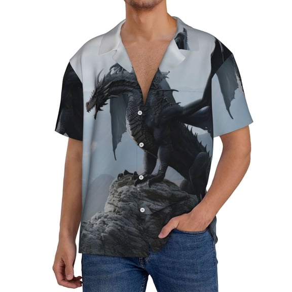 Logiee Valley Gray Dragon Print Men's Button Down Shirts Short Sleeve, Summer Beach Shirts,Vacation Wedding Shirts,Men's Casual Button-Down Shirts with Pocket-X-Large
