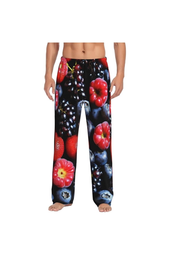 Variety Of Fruits And Berries Print Pajama Pants for Men,Men’s Pajama Bottoms,Mens PJ Pants with Pockets & Button Fly-3X-Large