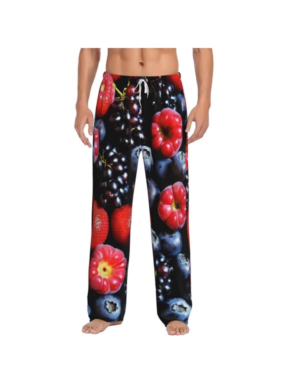 Variety Of Fruits And Berries Print Pajama Pants for Men,Men’s Pajama Bottoms,Mens PJ Pants with Pockets & Button Fly-3X-Large