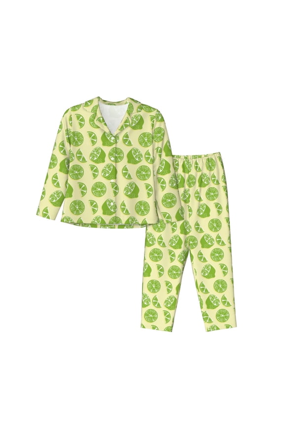 Various Lemons Print Womens Pajamas Set,Long Sleeve Sleepwear,Button Down Lounge Set 2 Pieces,Soft Nightwear Pjs Set-Large