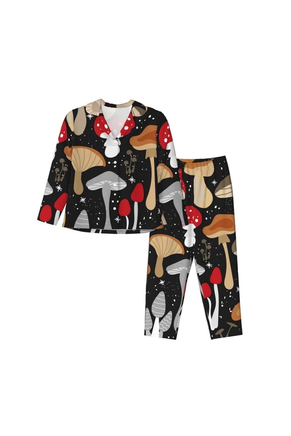 Various Mushrooms Print Womens Pajamas Set,Long Sleeve Sleepwear,Button Down Lounge Set 2 Pieces,Soft Nightwear Pjs Set-Large